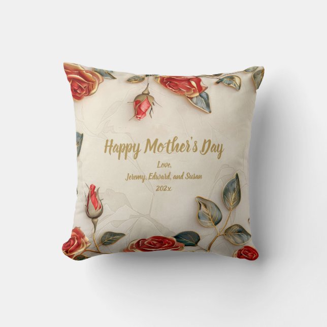 Red Gold Roses Vintage Mother's Day Throw Pillow (Front)