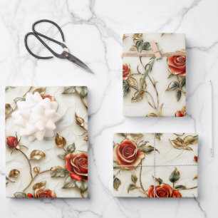 Red Gold Roses Vintage  Wrapping Paper Sheet
