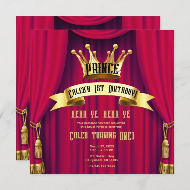 Red & Gold Royal Crown Prince Birthday Party Invitation (Front/Back)