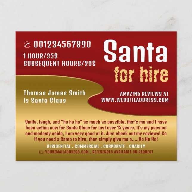 Red & Gold, Santa Claus Entertainer Advertising Flyer (Front)