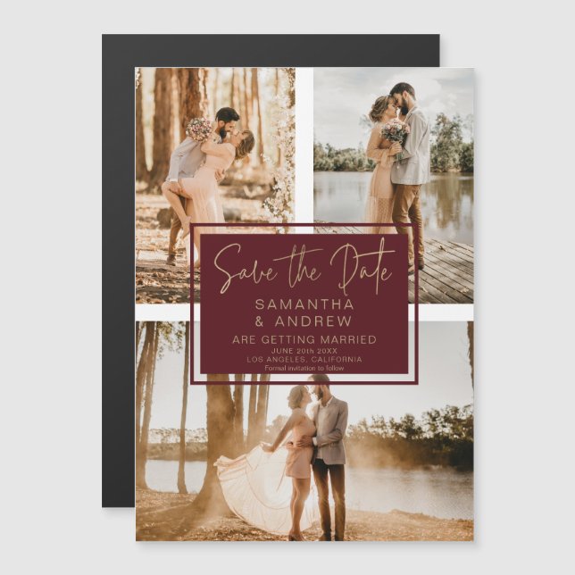 Red gold save the date 3 photo grid collage (Front/Back)