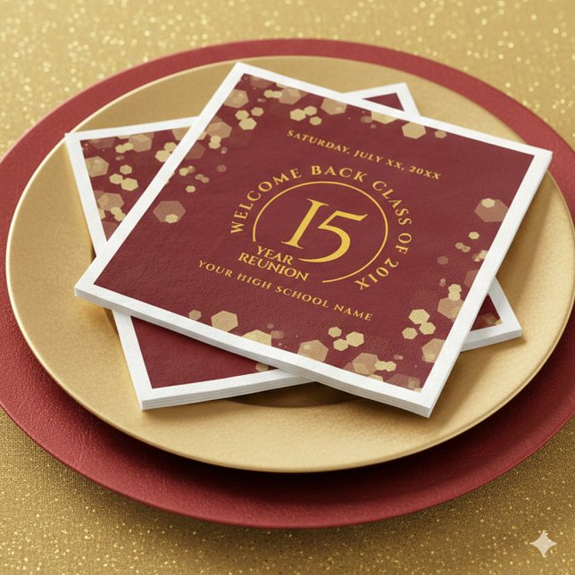 Red & Gold School College Class Reunion Napkin (Elegant 15-Year Class Reunion Red and Gold Glitter Napkins Cover Photo)