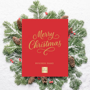 Red gold script business logo Christmas card