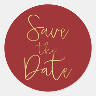Red & Gold Script Type SAVE THE DATE Sticker