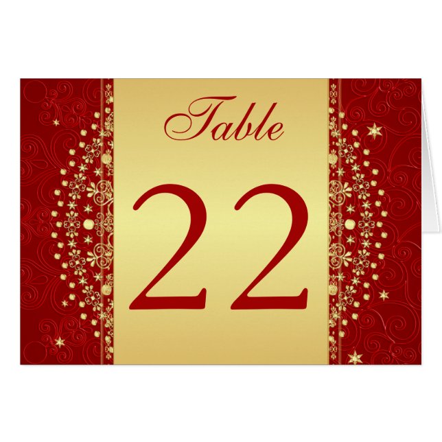Red, Gold Scrolls, Stars Table Number Card (Front Horizontal)