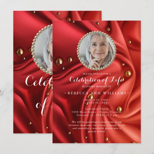 Red Gold Silky Photo Celebration of Life  Invitation (Front/Back)