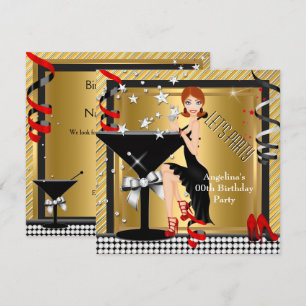 Red Gold Silver Black Martini Birthday Party 2 Invitation