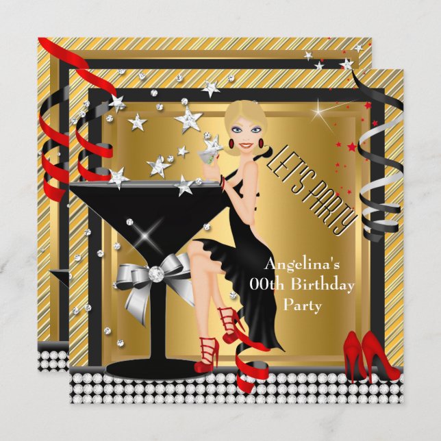 Red Gold Silver Black Martini Birthday Party 3 Invitation (Front/Back)