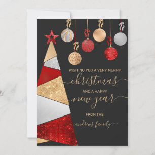 Red Gold Silver Glitter Tree Ornaments Christmas Holiday Card