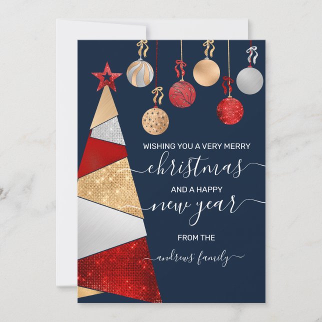 Red Gold Silver Glitter Tree Ornaments Christmas Holiday Card (Front)