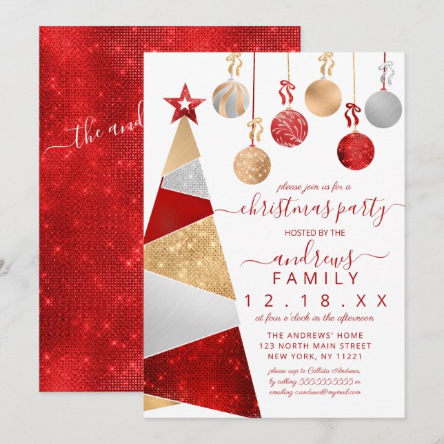 Red Gold Silver Glitter Tree Ornaments Christmas Invitation (Front/Back)