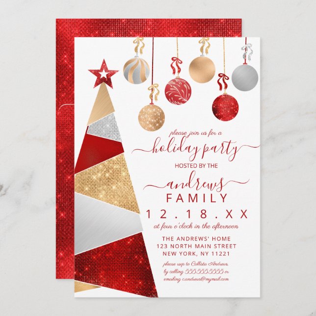 Red Gold Silver Glitter Tree Ornaments Holiday Invitation (Front/Back)