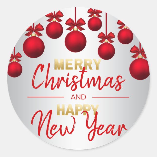 RED Gold Silver Merry Christmas & Happy New Year Classic Round Sticker (Front)