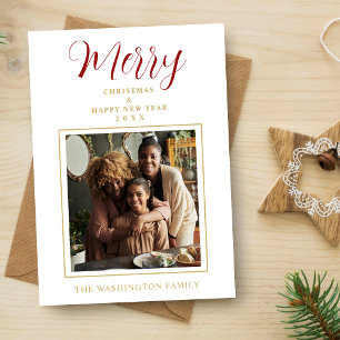 Red & Gold Simple Minimalist Merry Christmas Photo Holiday Card