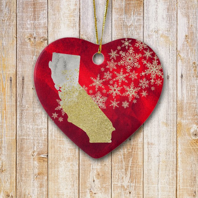 Red Gold Snowflake California Heart Ceramic Ornament (Creator Uploaded)