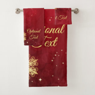 Red & Gold Snowflake Filigree Custom Christmas Bath Towel Set