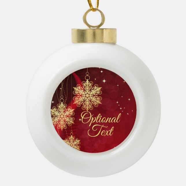 Red & Gold Snowflake Filigree Custom Christmas Ceramic Ball Christmas Ornament (Front)