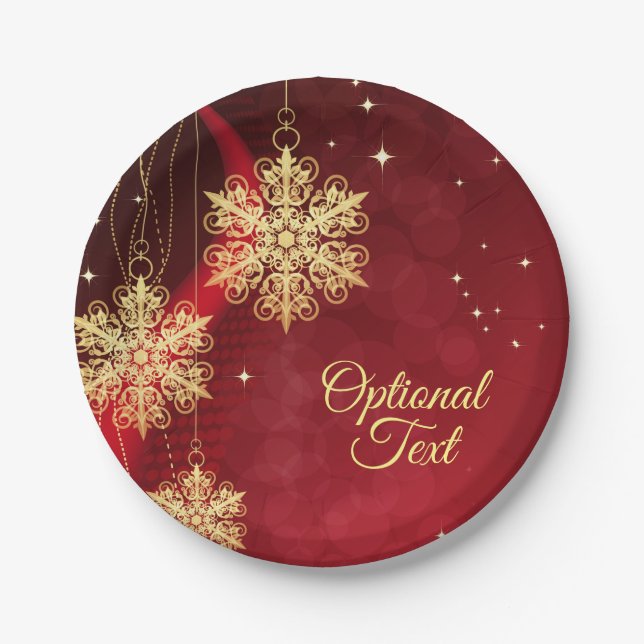 Red & Gold Snowflake Filigree Custom Christmas Paper Plate (Front)