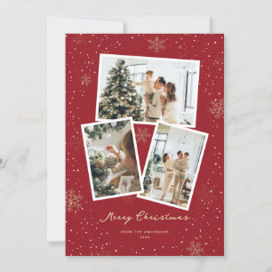 Red Gold Snowflake Photo Merry Christmas Card