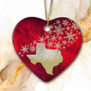 Red Gold Snowflake Texas Heart Ceramic Ornament