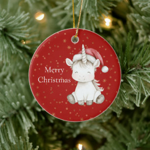 Red Gold Snowflakes Unicorn Christmas Ceramic Ornament