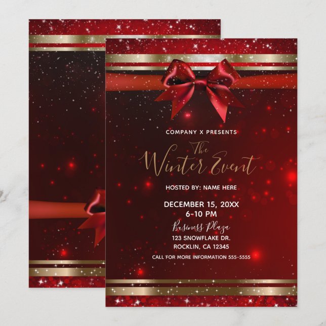 Red & Gold Sparkle Chic Bow Elegant Holiday Event Invitation (Front/Back)