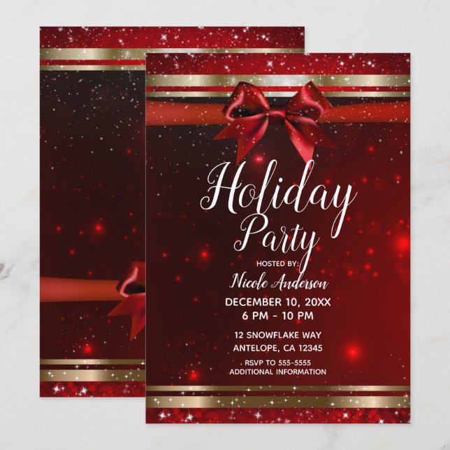 Red & Gold Sparkle Chic Bow Elegant Holiday Party Invitation (Front/Back)
