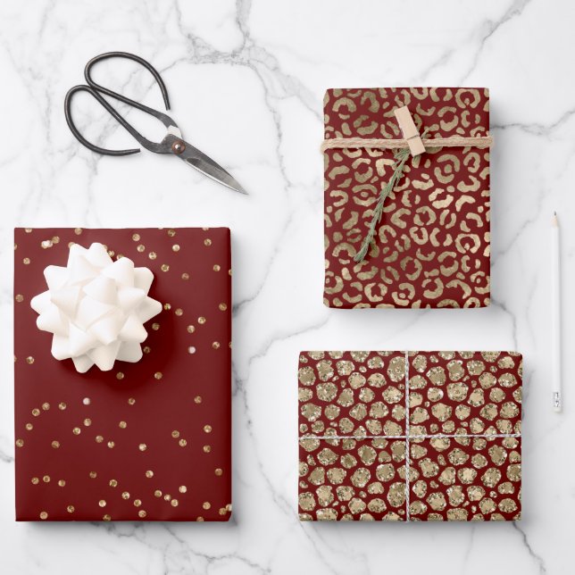 Red Gold Sparkle Dots Leopard Print     Wrapping Paper Sheet (Front)