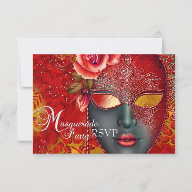 Red & Gold Sparkle Mask Masquerade Party RSVP (Front)