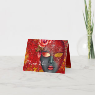 Red & Gold Sparkle Mask Masquerade Thank You Card
