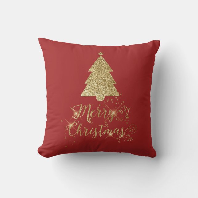 Red Gold Sparkle Merry Christmas Tree Throw Pillow (Front)