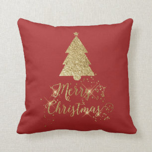 Red Gold Sparkle Merry Christmas Tree Throw Pillow