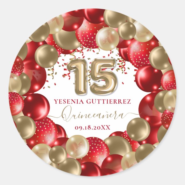  Red Gold Sparkle Quinceañera Balloon Classic Round Sticker (Front)