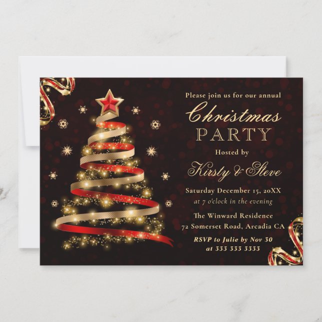 Red & Gold Sparkly Ribbon Tree Christmas Party Invitation (Front)