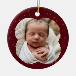 Red & Gold Star Baby's 1st Xmas Photo & Custom Ceramic Ornament