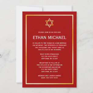 Red Gold Star of David Bar Mitzvah Invitations