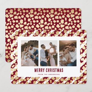 Red Gold Stars 3 Photo Merry Christmas Card