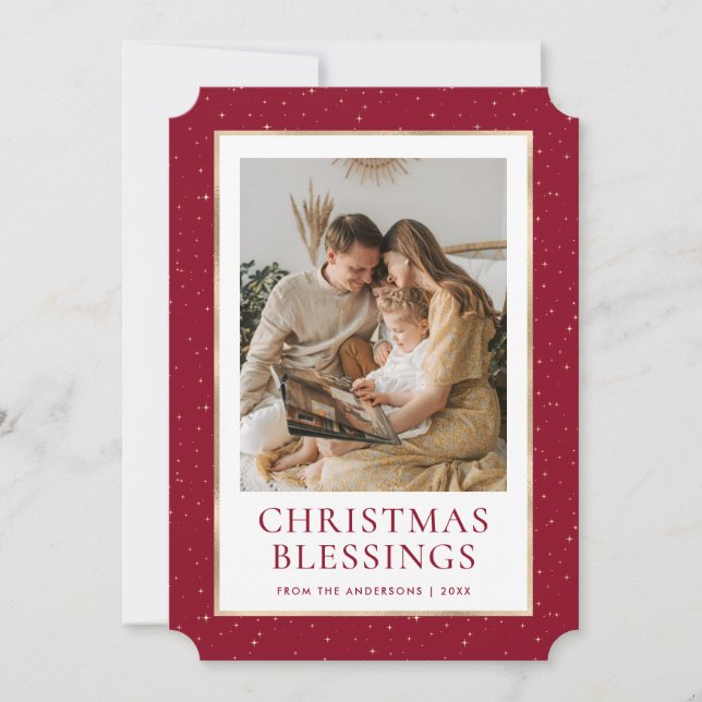 Red Gold Stars Christmas Blessings Photo Holiday Card (Front)