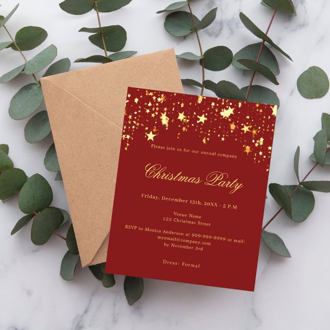 Red gold stars company Christmas Party invitation (Creator Uploaded)