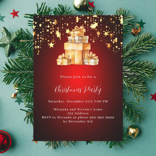Red gold stars gifts Christmas Party Invitation