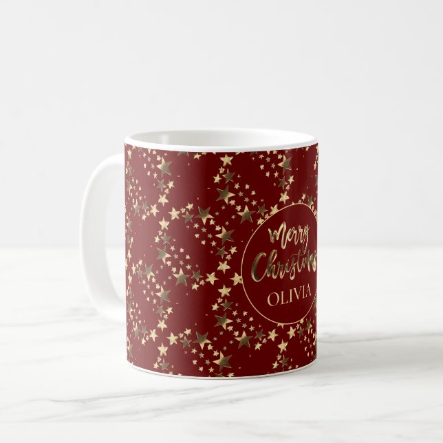 Red Gold Stars Pattern Add Name Merry Christmas Coffee Mug (Front Left)