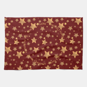 Red Gold Stars Pattern Elegant Merry Christmas Kitchen Towel