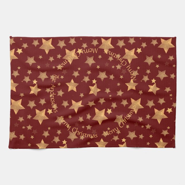 Red Gold Stars Pattern Elegant Merry Christmas Kitchen Towel (Horizontal)
