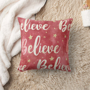 Red Gold Stars Pink White Believe Christmas Throw Pillow