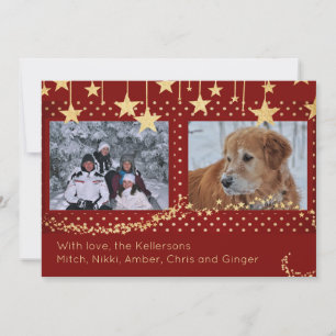 Red Gold Stars Two Photo Custom Holiday Card
