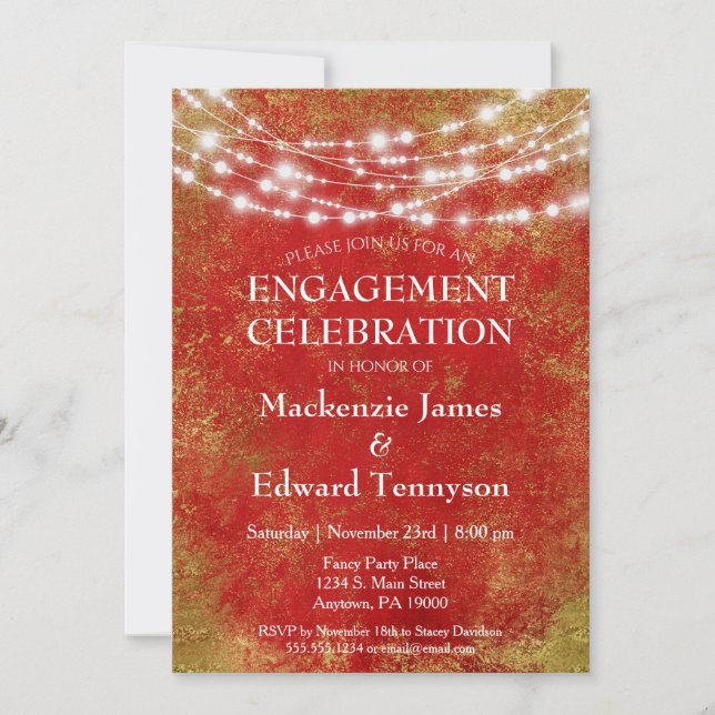 Red Gold String Lights Engagement Party Invitation (Devant)