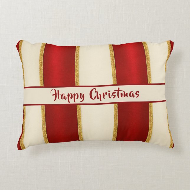Red Gold Stripe Pattern – Modern Christmas Accent Pillow (Front)