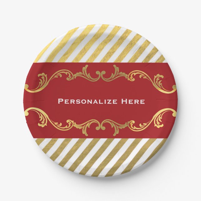 Red & Gold Striped Christmas Holiday Party Plates (Front)