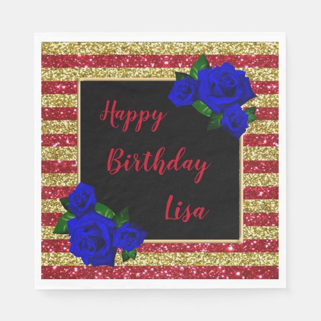 Red Gold Stripes Glitter Deep Blue Roses Birthday Napkin (Front)