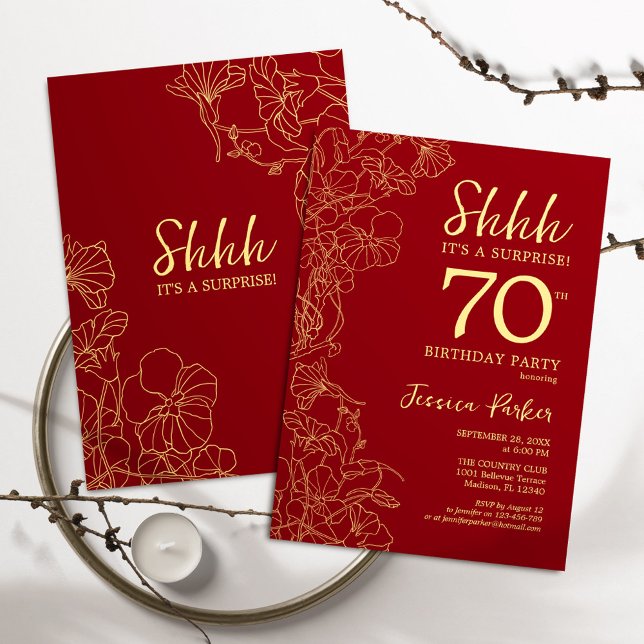 Red Gold Surprise 70th Birthday Invitation (Creator Uploaded)